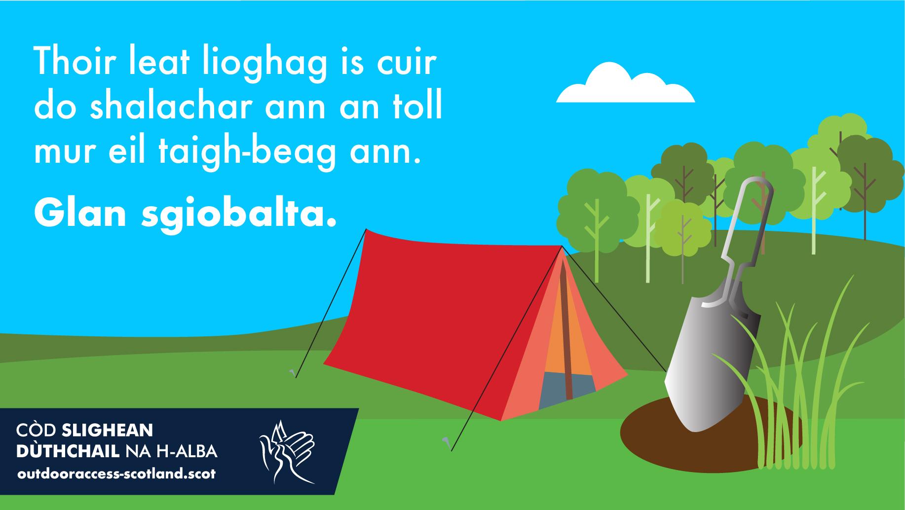 Text on illustration: Thoir leat lioghag is cuir do shalachar ann an toll mur eil taigh-beag ann. Glan sgiobalta.