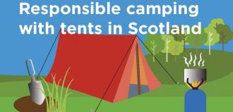 Camping in Scotland front cover - tent, trowel and stove