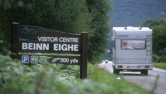 Summer. Campervan on main road and SNH Beinn Eighe Visitor Centre signage. Beinn Eighe NNR. Wester Ross. ©John MacPherson/SNH Thumbnail